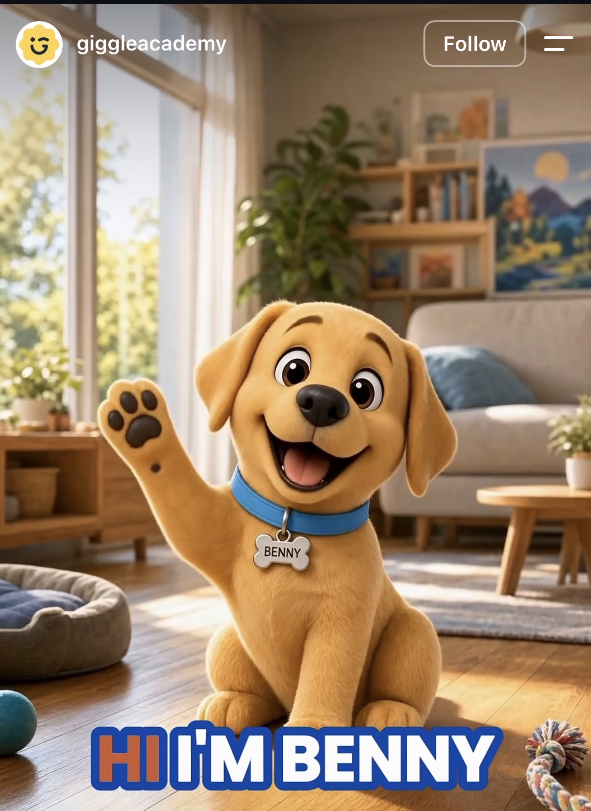 Benny, a cheerful golden puppy wearing a blue collar and BENNY name tag